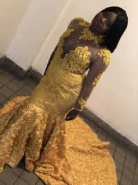 yellow 3D floral prom gown