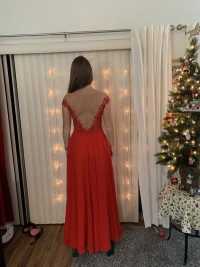 open V back red graduation prom dress
