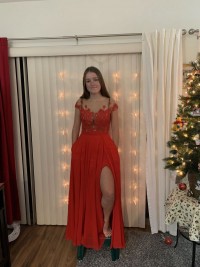 red lace see through graduation prom dress