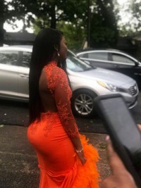 Combine a new custom dark orange dress with feathers bottom