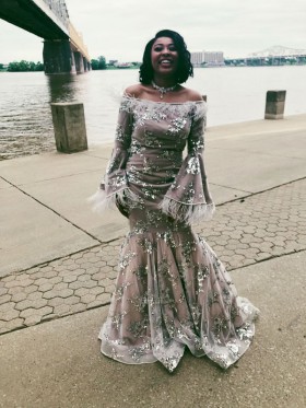 long bell sleeve senior prom dress