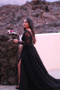 Black custom made illusion long sleeve A line prom dress with high slit