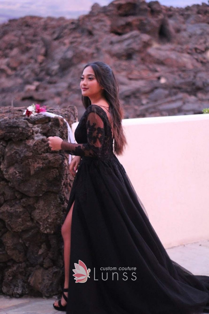 Illusion Sheer Black Lace Long Sleeve Slit Prom Dress - Lunss