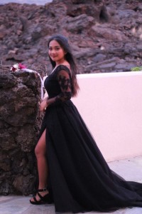 Black custom made illusion sleeved A line prom dress with open back and high slit