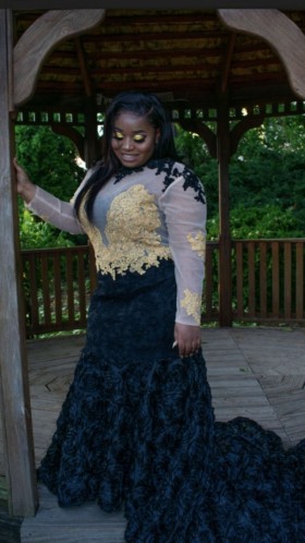 Custom fit plus size illusion sleeve prom dress with 3D flower train