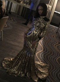 Custom made black gold long sleeve high neck fitted prom dress