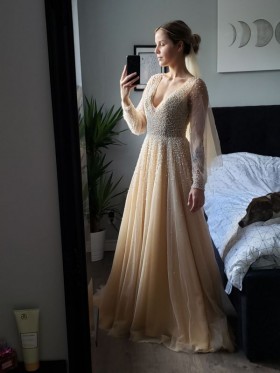 Custom made colored pearl tulle wedding dress