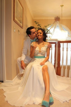 Custom made flowing chiffon A line prom dress with sexy high slit