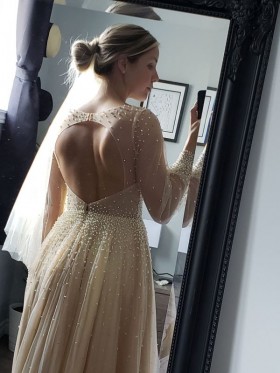 Custom made illusion long bishop sleeve beaded tulle wedding dress