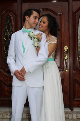 Custom made two tone prom dress with flowing chiffon A line skirt