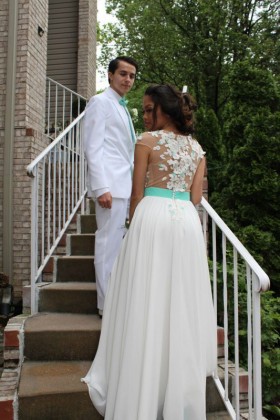 Customized prom dress with flowing chiffon A line skirt and illusion back