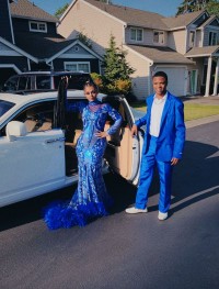 Designer Royal Blue Sequin Prom Dress with Feather