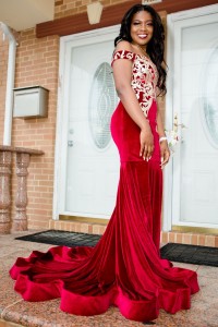 Designer off shoulder burgundy prom gown with long ruffled train