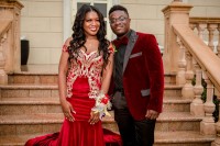Elegant off shoulder burgundy prom gown with long ruffled train