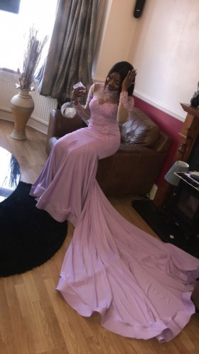 Illusion long sleeve lilac lace mermaid prom dress