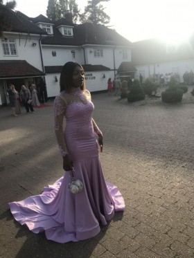 Illusion long sleeve lilac lace mermaid prom dress with long train