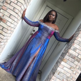 Off the shoulder metallic A line prom dress