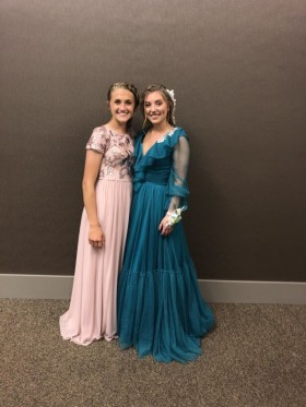 Peacock green illusion long sleeve A line prom dress with ruffled V neckline