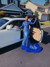 Sparkly Sequin Royal Blue Prom Dress with Feather Train