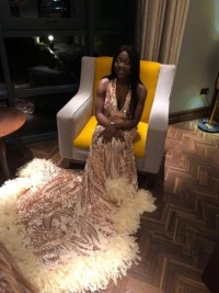Sparkly champagne gold patterned sequin plunging feather long mermaid prom dress