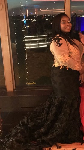Unique custom plus size illusion sleeve lace prom dress with 3D rose train
