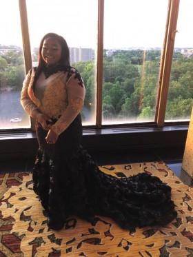 Unique custom plus size illusion sleeve prom dress with 3D rose train