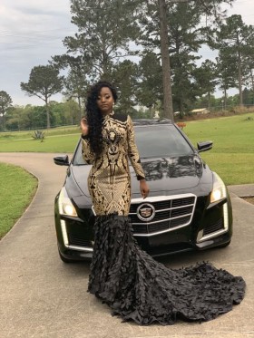 Unique sparkly high neck mermaid prom dress with long sleeves and flower train