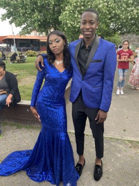 Unqiue sparkly royal blue sequin mermaid prom dress with long train