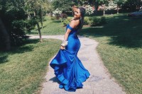 off shoulder royal blue mermaid prom dress