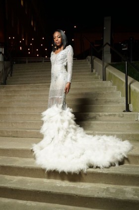 stunning silver mermaid prom dress with feather long train