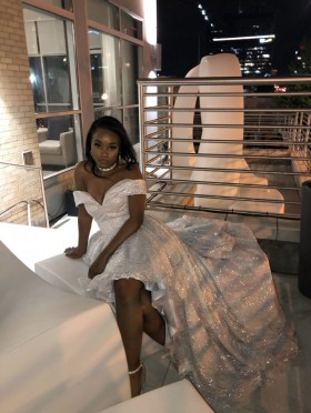 glittery upside down trianglular shaped custom prom dress
