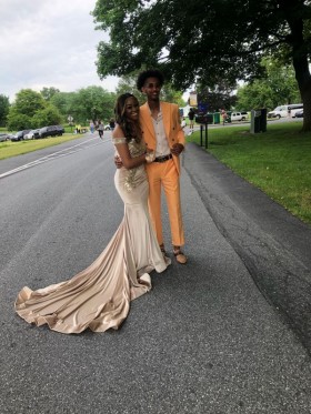 Custom made gold sequin and creme velvet prom dress