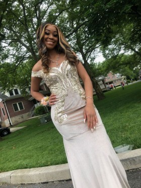 Gold sequin and creme velvet dress