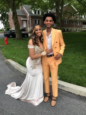 Gold sequin and creme velvet prom dress