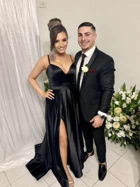 Lunss custom black satin prom dress