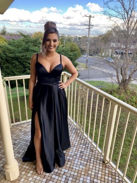 Lunss custom black slit prom dress