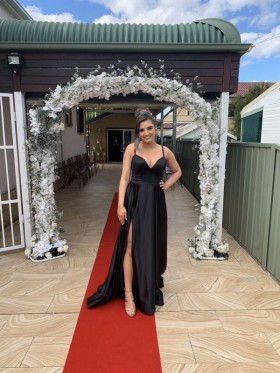 Lunss custom made black satin slit prom dress
