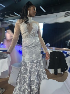 silver 3D rose prom dress