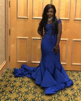 Amazing Royal Blue Off the Shoulder Custom Made Prom Dress
