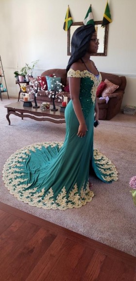 Beautiful Sheer Off the Shoulder Emerald Green Lace Mermaid Prom Dress 2020