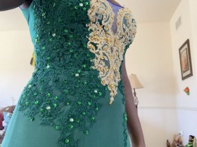 Emerald Green Lace Gold Beaded Appliques bodice