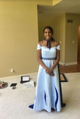 Lunss custom made blue caped prom dress