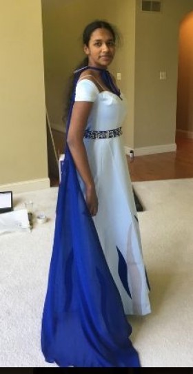 custom made blue caped prom dress