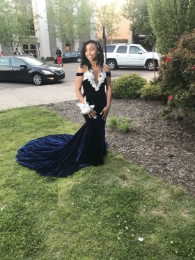 dark navy velvet with silver sequin applique prom dress