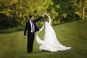 Ivory Half Sleeve Lace Outdoor Custom Bridal Dress with Long Train
