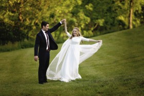 Ivory Sheer Sleeve A line Chiffon Lace Outdoor Custom Bridal Dress