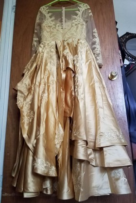 Gold Full Long Sleeves Lace Custom Engagement Dress