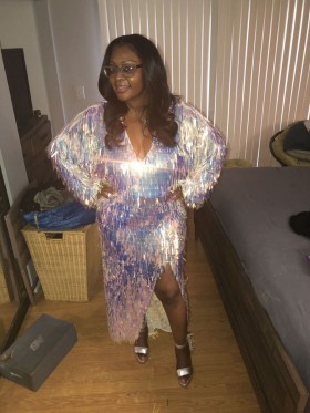 iridescent sequin custom made loose sleeve birthday dress with slit
