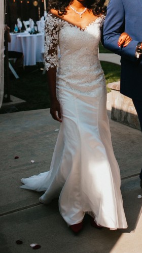 light ivory sheer lace sleeve trumpet satin spring wedding dress design