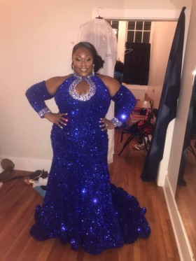 royal blue keyhole cold shoulder sleeve mermaid sequin design pageant dress